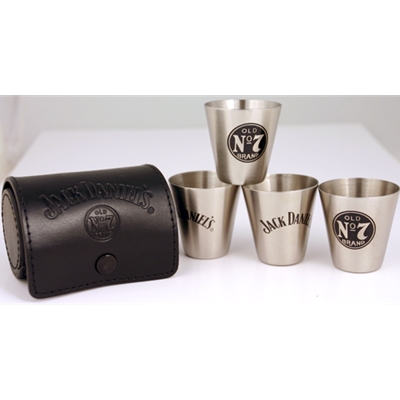 Jack Daniels Stainless Steel Shot Glass Set of 4 with Black Leather Case 8462