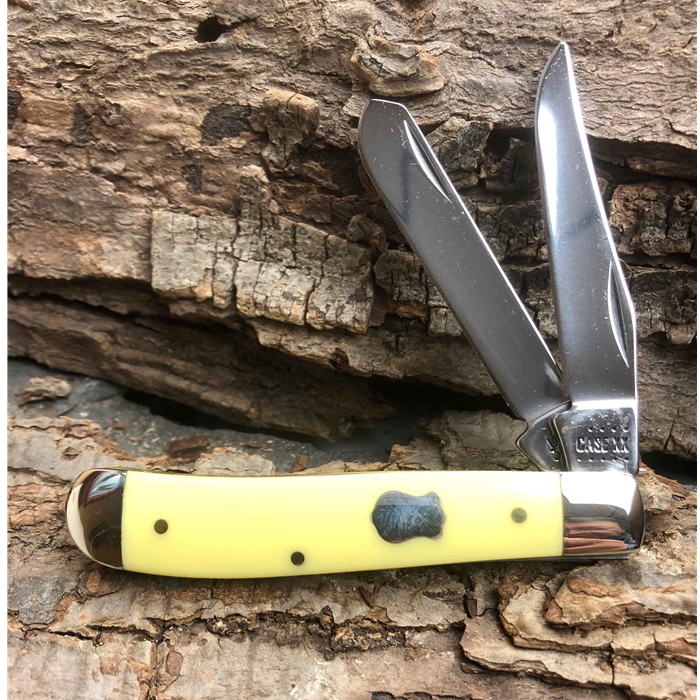 Yellow Handled Mini Trapper with Badge Shield SFO 32530 CS - Engravable