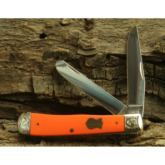 Smooth Synthetic Orange Handled Trapper with Scrolled Bolsters and Gift Box 72541 - Engravable